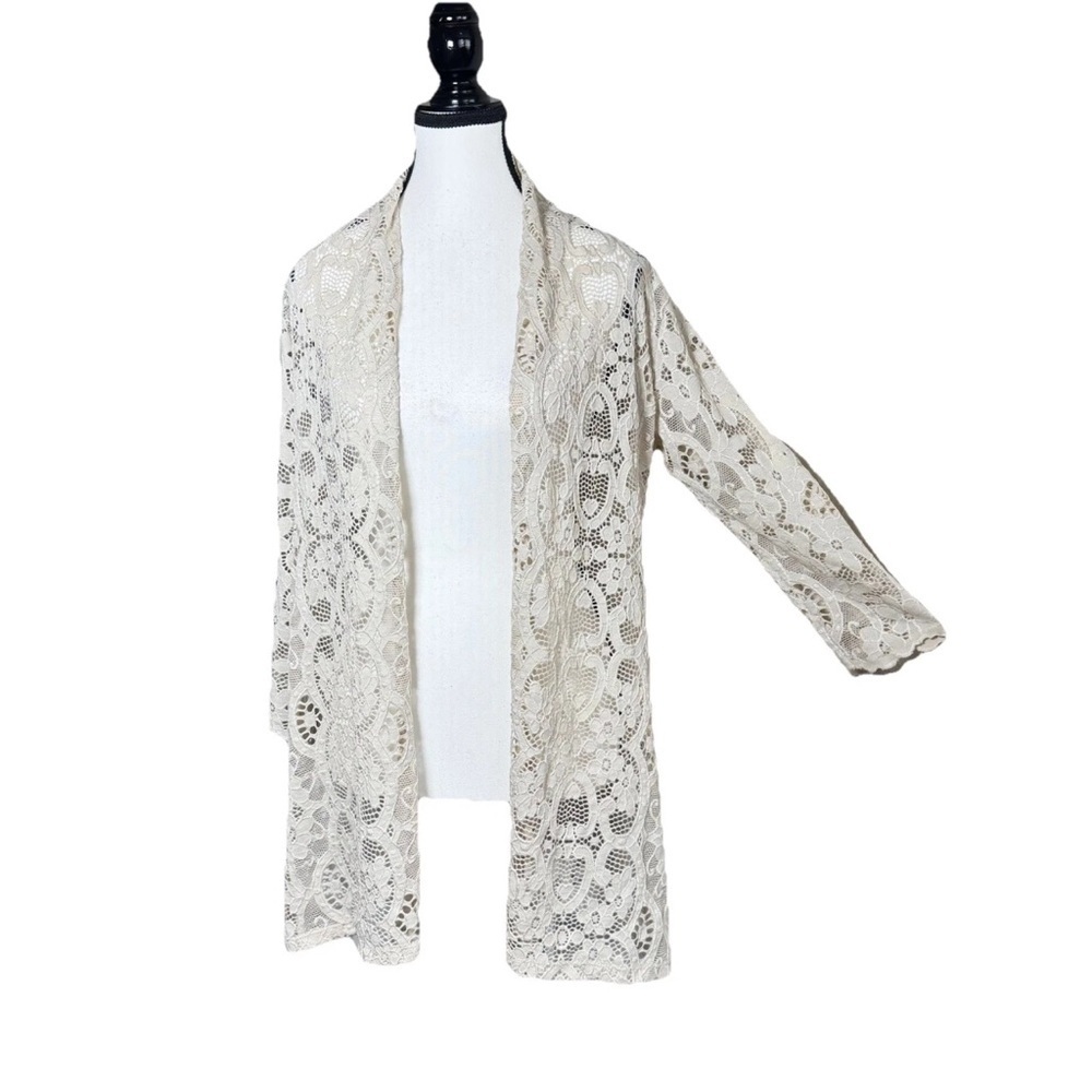 Susan Graver Lace SZ S Open Front Long Cardigan Duster 3/4 Sleeve Beige Romantic - Picture 2 of 6